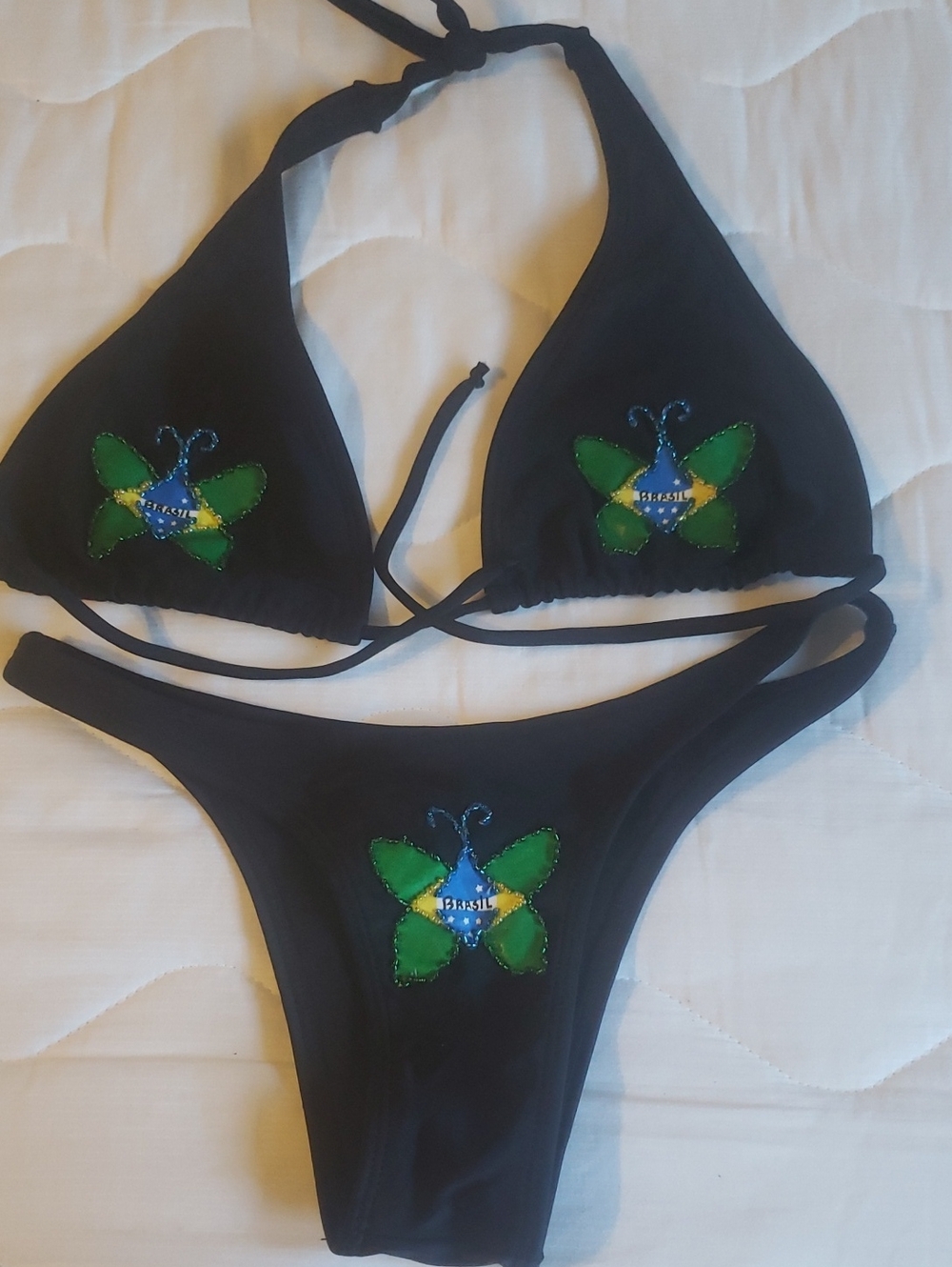 Black Butterfly Embroidered Triangle Bikini - Brazil Accent
